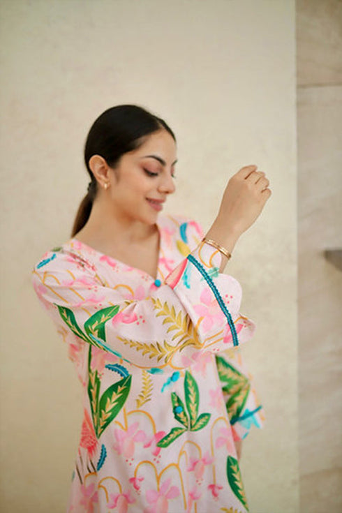 Noori Pink Floral Pakistani Kurta Set